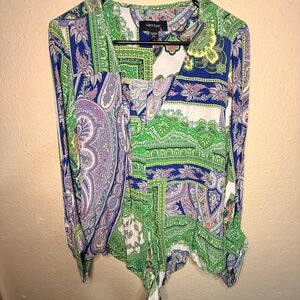 Karen Kane Women's Green and Blue Paisley XL Boho Tie Front Blouse